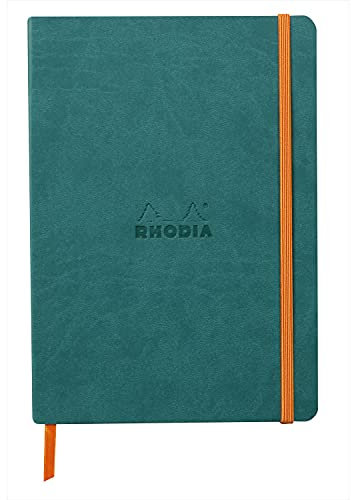 Rhodia 117442C - Notizheft Softcover Rhodiarama DIN A5 (14,8x21 cm), 80 Blatt, liniert Clairefontaine Papier Elfenbein 90g Lesezeichen, Gummizugverschluss, Cover aus Kunstleder Pfaugrün, 1 Stück