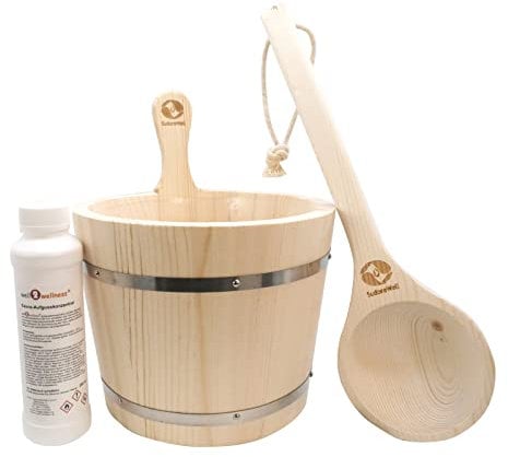 SudoreWell® Sauna Set mit Saunakübel plus Einsatz 5 Liter, Saunakelle und well2wellness Saunaaufguss Eukalyptus 250 ml