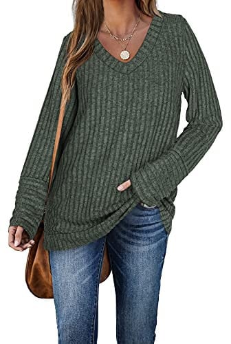 Aokosor Ladies Jumpers Womens V Neck Long Sleeve Tops Solid Color Sweatshirts Green Size St Patricks Day Outfits 22-24
