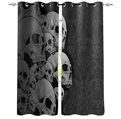 ADKMC Blickdichter Vorhang Mit Ösen, Schwarz Totenkopf Kunst Dreidimensional 140X100Cm Verdunkelungsvorhang, 2Er Set Gardinen, Polyester Für Schlafzimmer, Kinderzimmer, Wohnzimmer Dekoration