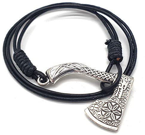AB Viking Crafts Vikings Wickel Armband Halsband Leder Anhänger Wikinger Axt Metall im Schmuckbeutel