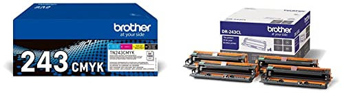 Brother TN-243CMYK Original Tonerkartusche Druckt bis zu 1000 Seiten, cyan, magenta, gelb und schwarz & DR243CL passend für DCPL3510CDW Trommel 18.000 Seiten, 4er pack, schwarz