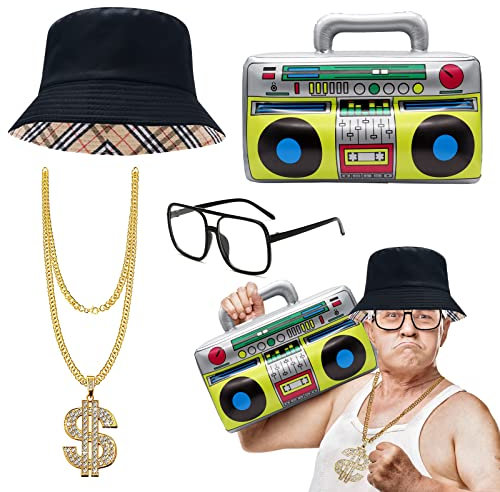 Hip Hop Costume Kit, 80s 90s Rapper Accessories Including Inflatable Boom Box Golden Iron Alloy Chain Glasses Bucket Hat, Old Style Cool Rapper Outfits for Men Women