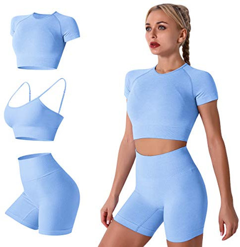 IDOPIP Damen 3teiliger Trainingsanzug Nahtlose Yoga Kleidung Kurzärmliger Crop-Top-Sport-BH und Shorts mit hoher Taille Laufbekleidung Sportanzüge Sportswear fur Gym Fitness Blau Large