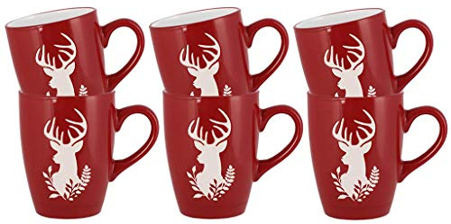 Dibor Set of 6 Mugs - Red & White Christmas Reindeer Mugs 300ml/11oz | Dishwasher Safe, Microwave Safe, Hand Finished, Stoneware, Crockery, Tea, Coffee, Hot Chocolate, Mulled Wine