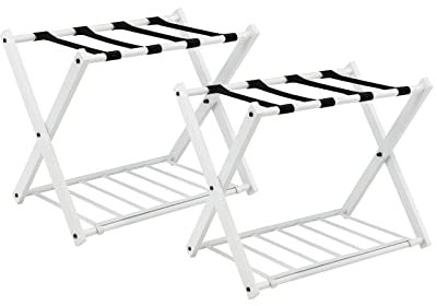 Giantex Porte Valise Pliant, Porte-Bagages en Métal, Support Valise/Bagages avec 2 Etages & 4 Sangles, pour Chambre, Hôtel, 68x43x58CM, Blanc (2 PC)