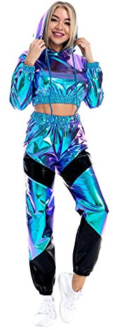IWEMEK Rave Outfits Damen Metallic Top Glitzer Hose Trainingsanzug Glänzend Hohe Taille Jogginghose Lack Leder Oberteil 80er 90er Fasching Festival Party Disco Hip Hop Kostüm Clubwear Leser Blau M