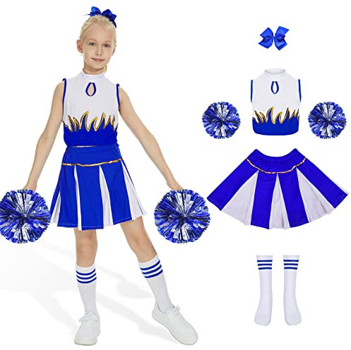 FORMIZON Kinderkostüm Cheerleader, Cheerleader Kostüm Kinder, Cheerleading Kleid Cheer Uniformen mit Pompons, Socken und Haarzubehör, Kinder Cheer Outfit Karneval Kostüm für 8-13 Jahre