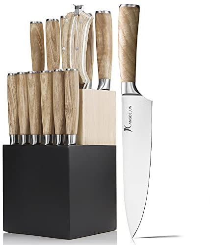 Kangdelun Natura Series 14 PCS Knife Block Set, Ultra Sharp High Carbon Stainless Steel with Wooden Handle