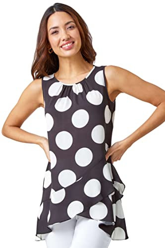 Roman Originals Polka Dot Frill Detail Top for Women UK - Ladies Everyday Holiday Spring Summer Round Neckline Comfy Soft Evening Vacation Work Party - Black - Size 10