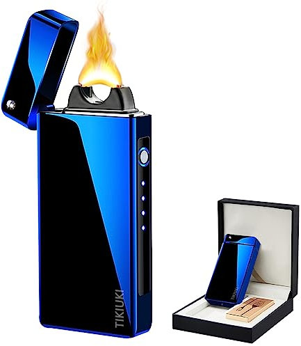 TIKIUKI Elektrisches Feuerzeug Plasma Lichtbogen Feuerzeug Winddicht Wiederaufladbares Feuerzeug Flammenlos Personalisiertes Feuerzeug Metallfeuerzeug Mit LED-Power-Anzeige Für Kerzen (Blau)