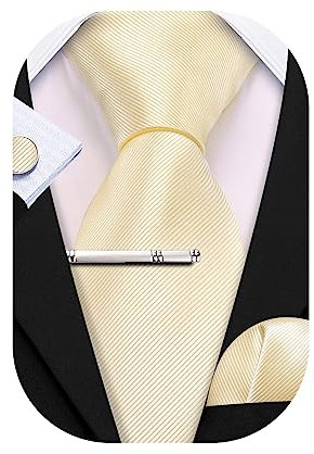 Barry.Wang Herren-Krawatten-Set mit Einstecktuch, Manschettenknöpfen und Krawattenspange, 4-teiliges Set, seidige Farbe, Paisleydesign, modisch, elegant, floral, Hochzeit, beige, Einheitsgröße