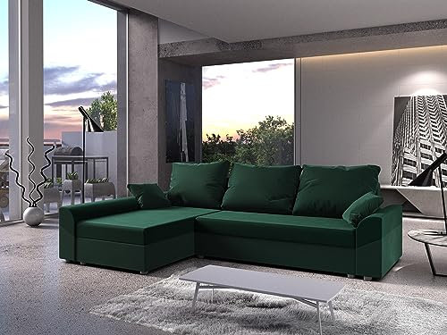 ALTDECOR Ecksofa mit Schlaffunktion und Bettkasten, Polstercouch in L-Form links angeordnet, rückenecht gepolstert, ideal als Gästebett - DENVI - 241x140x90cm Dunkelgrün