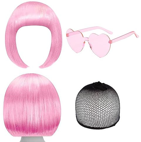 SKHAOVS Bob Perücke und Sonnenbrillen-Set Natürliche Weibliche Kurze Glatte Haare BOB Perücke Bunte Cosplay Perücke Haarteile für Bachelorette Kurze Neon-Bob-Perücke Fasching 80s Motto Party (Rosa)