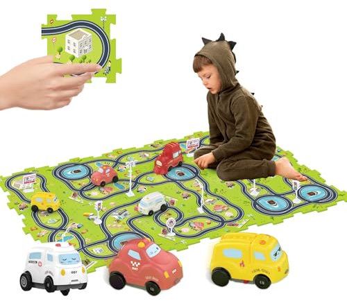 Bearbao Toddler Toys Gifts for 3 4 5 Year Old Boys, Total 24 Pieces Jigsaw Puzzle Racer Track Car Set with 3 Cars for Kids Boys 3-5, Puzzle Tracks Car Toys Gifts for 3 4 5 Year Old Boys Kids