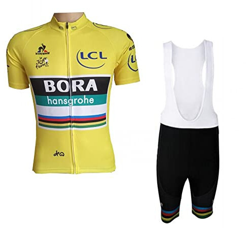 SGCIKER Pro Team BORAHansgrohe France Tour Leader Yellow Radtrikot Set, Kurzarm Fahrrad bekleidung Lätzchen Kurzsets Gel Pad(5XL