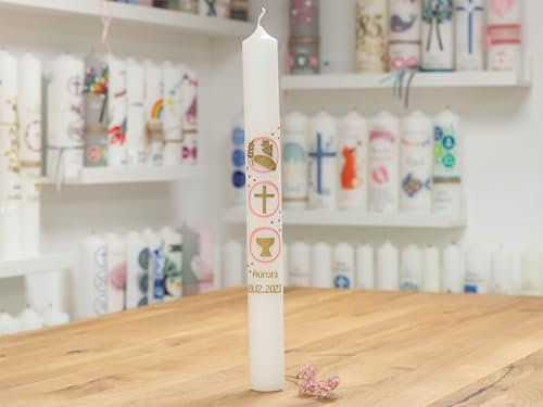 meinkerzenshop Kommunionkerze Aurora personalisiert mit Name und Datum, individuell und mit Echtwachs handverziert für Junge und Mädchen