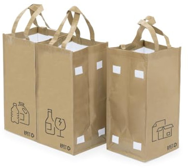 Set Bolsas Robustas Reciclaje Basura, 3 Bolsas Prácticas, Fácil de Limpiar, Unidas por Cintas, Pack con Bolsas de Reciclaje para Plástico, Vidrio, Papel y Cartón, Duraderas, 23L, con asas. (Kraft)