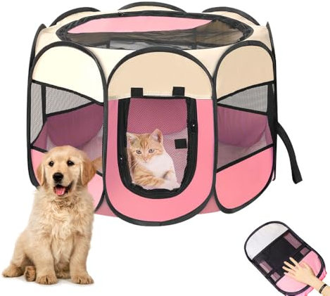 ZOYDP Welpenauslauf Faltbar, 73 x 73 x 43cm Welpenlaufstall für Drinnen, Laufstall Hund Pop-Up, Hundelaufstall für Wohnung, Hundeauslauf für Innen Hasen Katzen, Indoor/Outdoor Reisen Camping Rosa