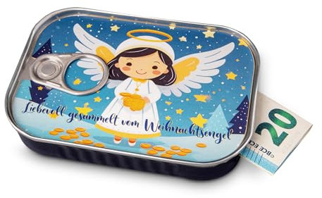 Geldgeschenk Verpackung Weihnachten WEIHNACHTSENGEL Sardinendose Geld Geschenkverpackung oder Geldgutschein Nikolaus, X-Mas, Wichteln | inkl Aufkleber für individuelle Botschaft | made by Schöne Güter