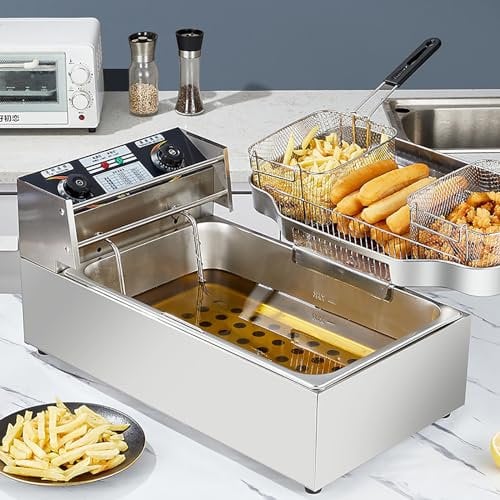 Commercial Deep Fryer, 20L Stainless Steel Countertop Electric Deep Fat Fryer w/ 2 Chip Baskets &Lids for Restaurant Home Kitchen, Adjustable Temperature(60-200 ℃) +Timing(0-60 Minutes)