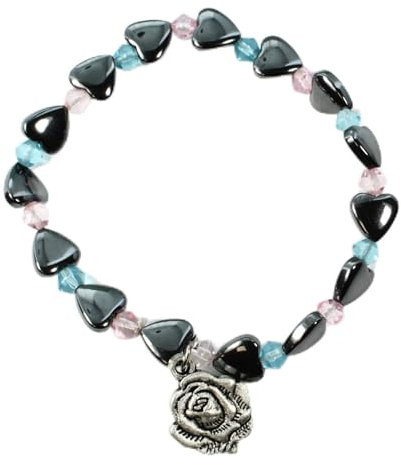 Bracelet avec Perle Coeur hématite bleu/rose et médaille de Lourdes - Bracelet fantaisie - Culte Chrétien en Pierres Hématite