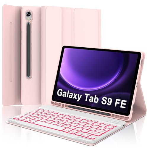 IVEOPPE Funda Teclado Samsung Galaxy Tab S9 FE 10.9/S10 FE 10.9/S9 11, Teclado España Ñ Retroiluminación Bluetooth Inalambrico Desmontable para Samsung Galaxy Tab S10 FE/S9 FE 10.9/S9 11, Rosa