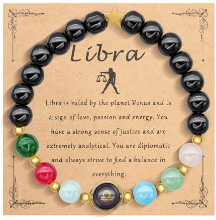 HMOOY Sternzeichen Naturstein-Armband für Männer Frauen, 12 Konstellation echte 8mm große Natursteinperlen und Kristall Himmels Astrologie Schmuck Aufmunternde Motivationsgeschenke (Waage)