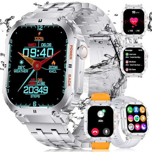 ESFOE Montre Connectée Homme avec Appel Bluetooth(3 Bracelets),1,96 Militaire Smartwatch avec 400mAh IP68 Étanche Fréquence Cardiaque/Moniteur Sommeil,Fitness Tracker Smartwatch Android iOS Argent