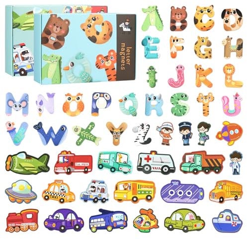 GSrenyu 48 Pcs Magnetic Letters, Large Size Transportation Magnets Cute Animals ABC Fridge Magnets for Kids, Colorful Educational Learning Tool for Kids Word Recognition