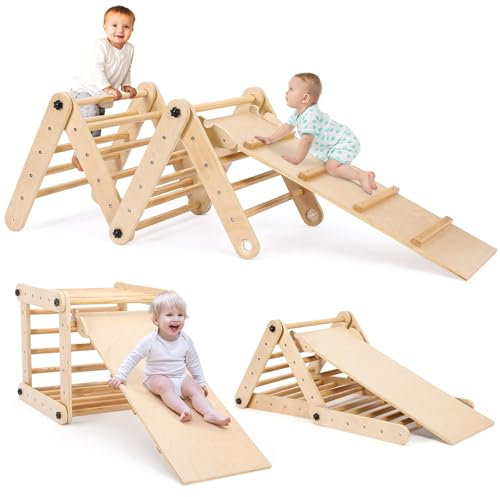 Klettergerüst Indoor, Kletterdreieck mit Rutsche, Montessori Kletterleiter aus Holz, inkl. doppelseitige Rampe, zum Klettern, Rutschen, multifunktionaler Indoor Spielplatz für Kinder ab 1 Jahren