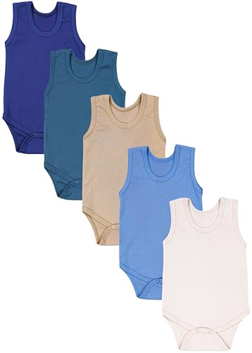 TupTam Baby Jungen Achselbody – Weicher Baby Body im 5er Pack aus Baumwolle, Body Baby Unifarben OEKO-TEX zertifiziert, Farbe: Beige Hellbeige Petrolgrün Jeansblau Dunkelblau, Größe: 128