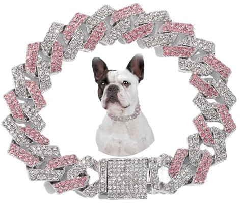 Rosa Hundehalsband, Strass-Hunde-Halskette, Welpenhalsband, Glitzerkette, glitzernd, kubanische Glieder für kleine, mittelgroße und große Haustiere, 50,8 cm