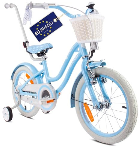 sun baby Mädchenfahrrad 16 Zoll Radgröße Heart Bike zur Auswahl, mit Abnehmbarer Schubstange, Kinderfahrrad für Mädchen von 2 bis 6 Jahre (Silver Moon - Blau, 16 Zoll)