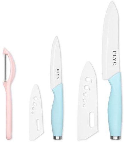 Plys Coltelli in Ceramica da Cucina Set di 3: Coltello Ceramica Cucina da Carne Professionali Manico Blu