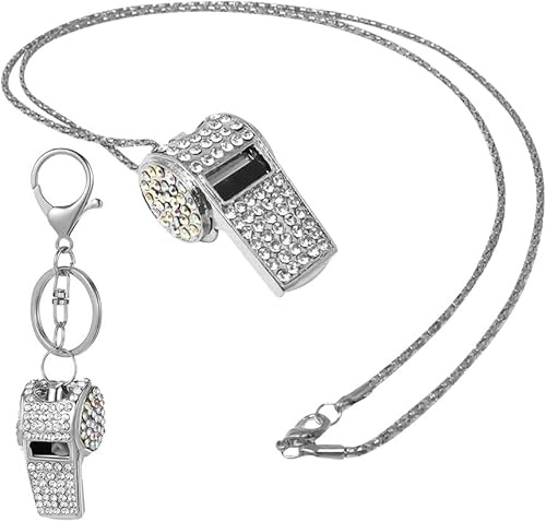 TOEECY Pfeife 2 Stück Trillerpfeife mit Schlüsselanhänger und Halskette Set Schiedsrichterpfeife Metall Whistle Strass Pfeiffe Laut Notfall Zubehö für Schiedsrichter Trainer Lehrer (Silber)