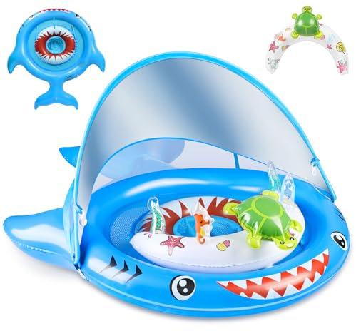 IEEILULU Bouee Bebe, Bouee Piscine Bebe, Bouee Bebe avec Pare Soleil UPF 50+, Flotteur Bebe avec Jouet Tortue en Forme de C et Autocollants de Réparation x2 pour Bébé 6-36 Mois