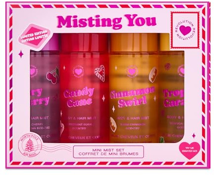 I Heart Revolution Misting You Mini Body Gift Set, 4 Mini-Körpersprays mit festlichen Düften, Reisegröße, vegan und tierversuchsfrei