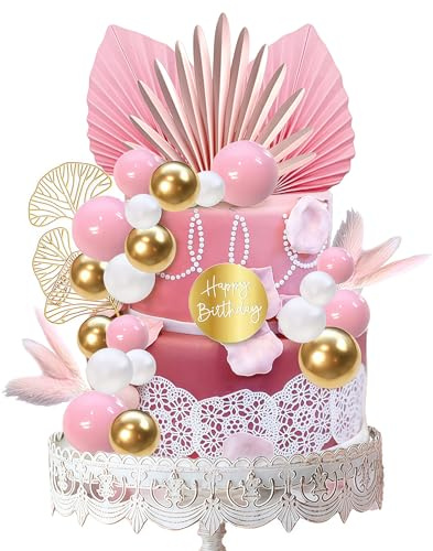 28 PCS Pink Cake Decorations, Rose Gold Cake Decorations, Pink Leaves Palm Leaves Cake Decoration, Cake Topper, DIY Mini Cake Balls Decoration for Wedding Birthday Bachelorette Party