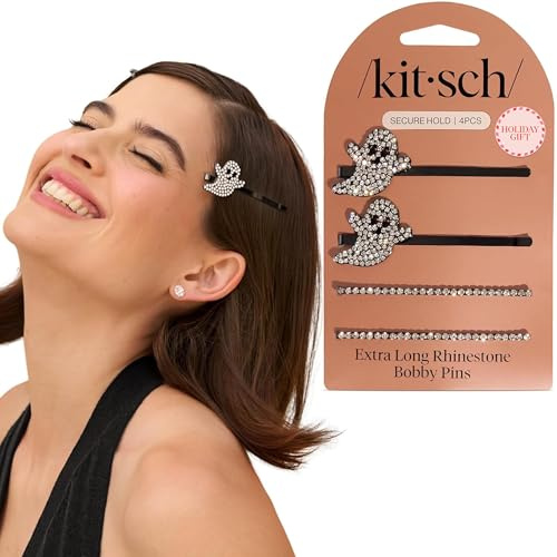 Kitsch Extra Long Metal Rhinestone Bobby Pins – Ghost Design Sparkly Hair Pins – Halloween Accessories & Hair Accessories – Secure Hold Bobby Pins for Women, Festive Styling - 4pc Set