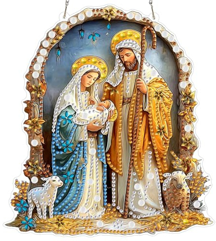 MXJSUA Diamond Painting Anhänger mit Kette Erwachsene, Diamant Painting Fensterbilder Hängende Ornament Bastelset Set für Wand Und Eingang Decor 20x20CM （Krippe）