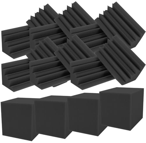 16 Stück Bassfallen aus Schwamm, Schalldämpfende Eckpaneele | Schwarz, Pyramide und Würfel Formen, Flammhemmend und Geräuschdämmend, Dekorative Akustiklösung
