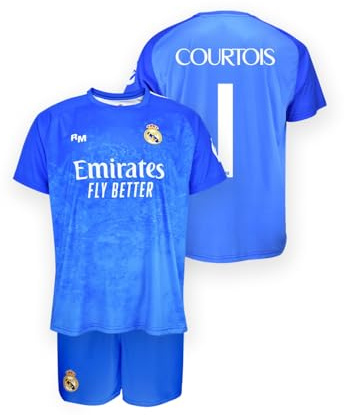 Real Madrid Ensemble de gardien de but pour enfant Courtois 25/26 Bleu (maillot + pantalon) | Réplique officielle | Nom Courtois et dos 1, tailles 6 à 14 ans