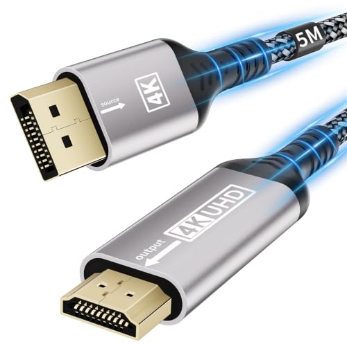 layajia 4K DisplayPort to HDMI Cable 5M, Uni-Directional DP to HDMI Male UHD 4K@30Hz/2K@60Hz/1080P@120Hz Nylon DP to HDTV Cord for Dell, Projector, Desktop, AMD, NVIDIA, Lenovo, HP, ThinkPad