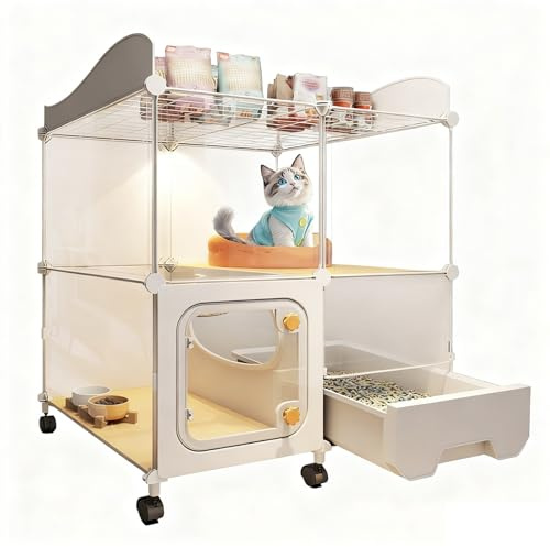 2-stöckiger Transparenter Katzenkäfig mit Katzentoilette, Abnehmbarer Kleintierkäfig mit Rollen, Halbgeschlossener Raum, für Katzen Kaninchen Kleintiere