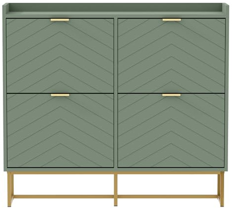 UEV Schuhschrank schmal mit 4 Klappen, 100x24x103,5cm Schuhregal (Grün) | Schuhkommode Geschlossen mit verstellbaren Trennwände & Kippschutz, Schuhkipper Shoe Cabinet für Flur Eingang Diele Garderobe
