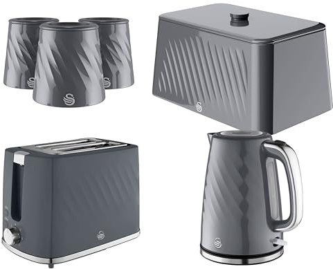 Swan Windsor 6 Piece Kitchen Set in Grey - 1.7L 3KW Kettle, 2 Slice Toaster, Breadbin & 3 Canisters. Contemporary Matching Bundle Set in Grey with Textured Gloss Finish & Chrome Accents