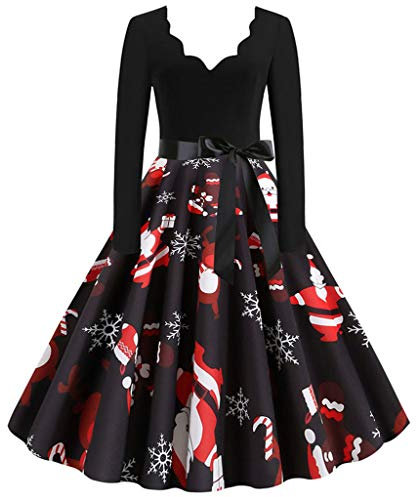 Susenstone Femme Robe De SoiréE Chic Vintage 1950'S Manches Longues Grande Taille Robe Femme Hiver Annee 50 Robe à Fleurs Noel Imprimé Sexy Col V Ceremonie Fete Robe Fille Cocktail (2XL, Noir)