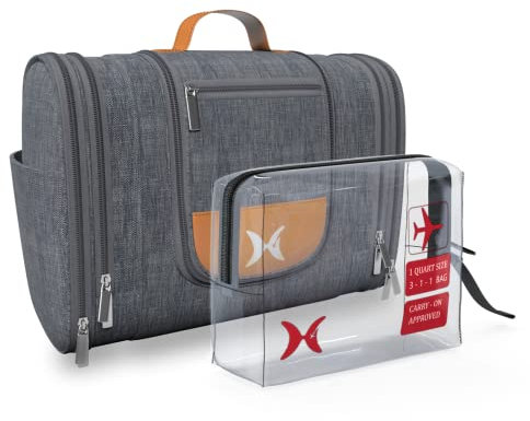 holivel.® Premium XXL Kulturtasche für Damen & Herren I Großer Kulturbeutel zum Aufhängen für Reisen mit Haken I 8 Liter Stauraum I Waschtasche Waschbeutel für Frauen und Männer in Grau I Design 2022