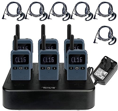 Retevis RB619 Walkie Talkie Rechargeable 1650mAh 6 Way Charger, PMR446 Walkie Talkies Mini, VOX, LCD Display, Handheld 2 Way Radio with Earpieces for Hotel, School (6 Pack, Navy Blue)